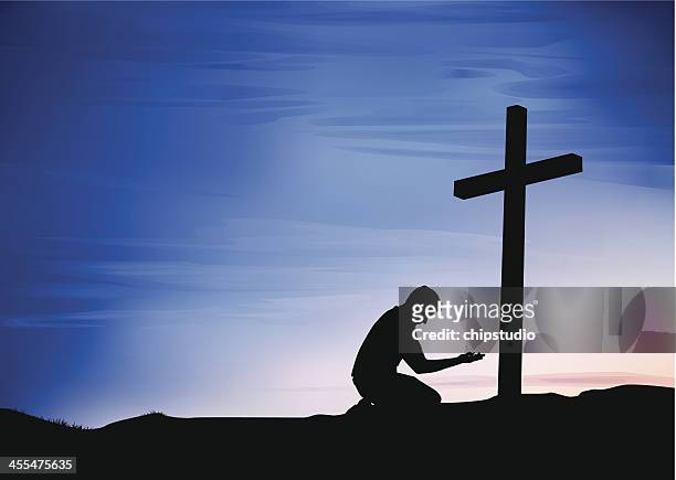 prayer at the cross - cross shape stock illustrations