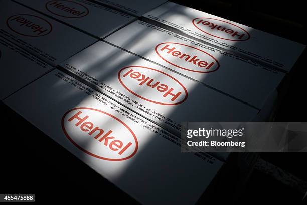 The Henkel logo sits on boxes of Hot Melt adhesive ahead of shipping from the Henkel AG headquarters in Dusseldorf, Germany, on Friday, Sept. 12,...