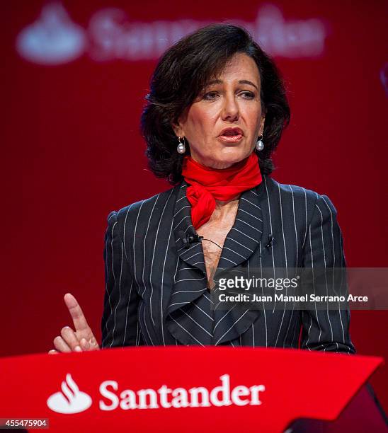 Santander's new chairwoman Ana Patricia Botin speaks during an Extraordinary General Meeting at the Palacio Exposiciones on September 15, 2014 in...