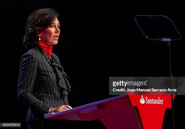 Santander's new chairwoman Ana Patricia Botin speaks during an Extraordinary General Meeting at the Palacio Exposiciones on September 15, 2014 in...