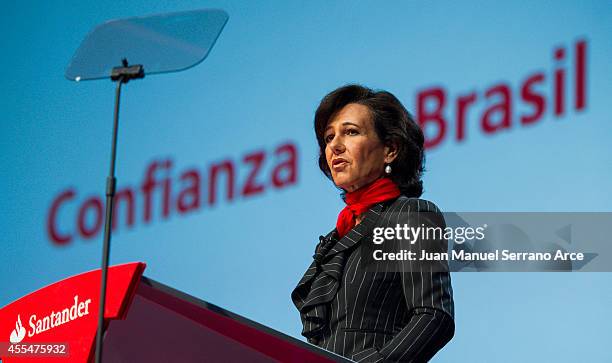 Santander's new chairwoman Ana Patricia Botin speaks during an Extraordinary General Meeting at the Palacio Exposiciones on September 15, 2014 in...