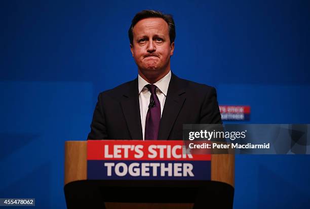 Prime Minister David Cameron addresses members of the No campaign on September 15, 2014 in Aberdeen,Scotland. The latest polls in Scotland's...