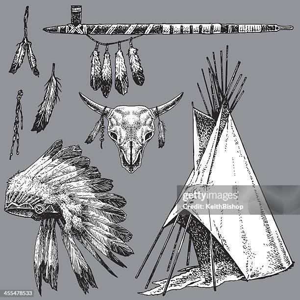 american indian peace pipe, kopfschmuck, indianerzelt - american indian headdress stock-grafiken, -clipart, -cartoons und -symbole