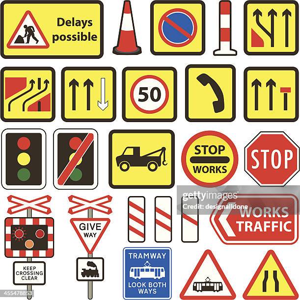 simple uk road works & level crossing signs - crossing sign stock illustrations