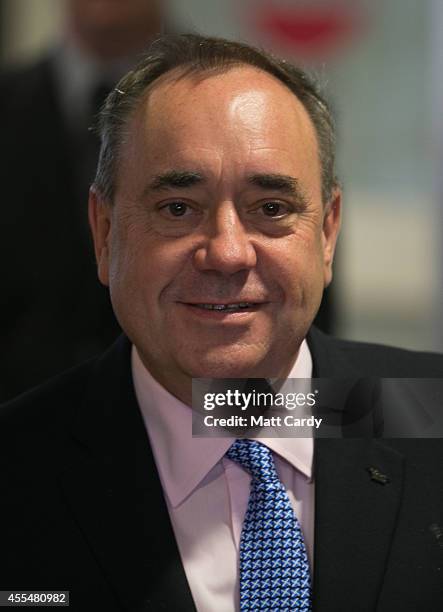 First Minister Alex Salmond speaks with the media at Edinburgh International Airport following a photocall in the arrival's hall on September 15,...