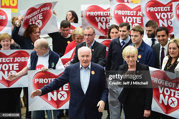 Johann Lamont and John Reid meet with shipyard workers and trade unionists opposite the Clyde shipyard,to highlight the risks of independence to the...