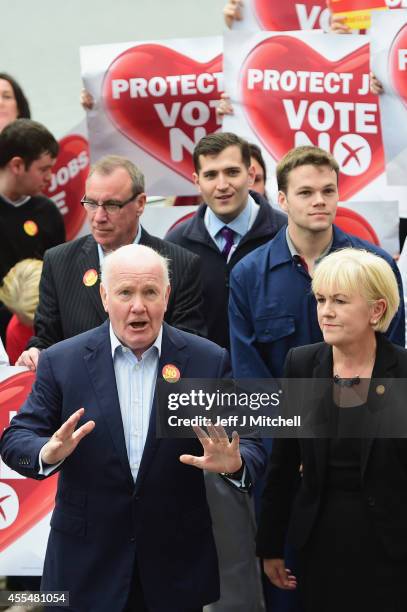 Johann Lamont and John Reid meet with shipyard workers and trade unionists opposite the Clyde shipyard,to highlight the risks of independence to the...