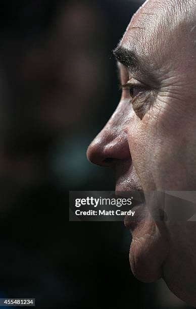 First Minister Alex Salmond speaks with the media at Edinburgh International Airport following a photocall in the arrival's hall on September 15,...