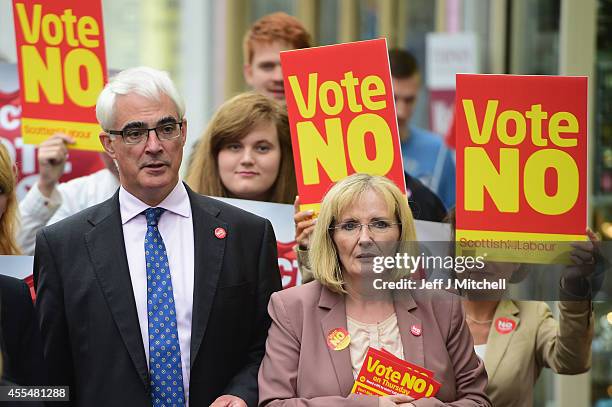 Alistair Darling leader of the Better Together and Margaret Curran meets with members of the public during a walk about on September 15, 2014 in...