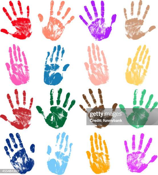 several different colored handprints on a white background - handprint stock illustrations