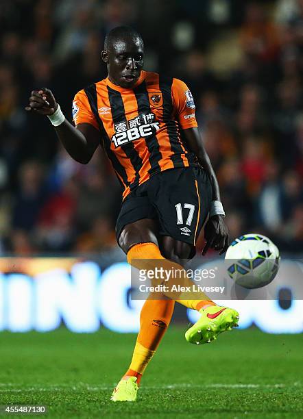 Mohamed Diame of Hull City scores their second goal during Barclays Premier League match between Hull City and West Ham United at KC Stadium on...