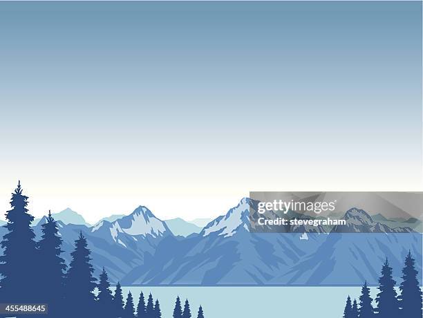 graphic animation of snow capped mountains surrounding lake - mountain range eps stock illustrations