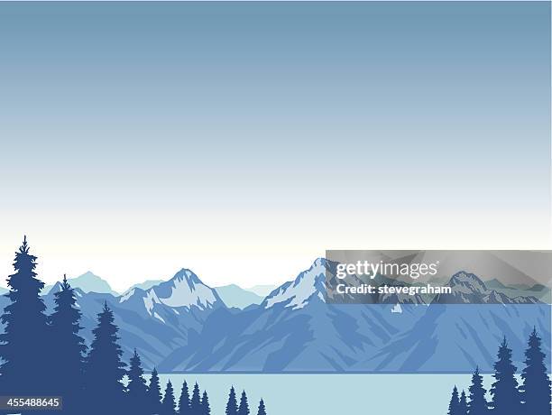 graphic animation of snow capped mountains surrounding lake - snow top mountain pine tree stock illustrations