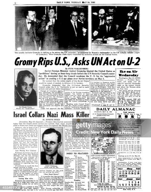 Daily News page 2, May 24 Headline: Gromy Rips U.S., Asks UN Act on U-2, Andrei Gromyko & Sir Claude Corea - Israel Collars Nazi Mass Killer, Adolf...