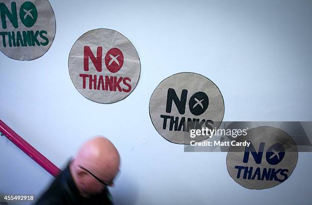 Posters for the Better Together campaign are seen in their Edinburgh office on September 15, 2014 in Edinburgh, Scotland. With the campaigning for...