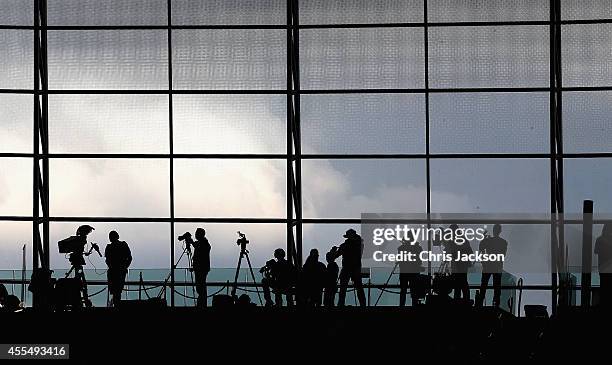 Media and spectators at the Aquatics Centre during the Invictus Games at Queen Elizabeth park on September 14, 2014 in London, England. The...