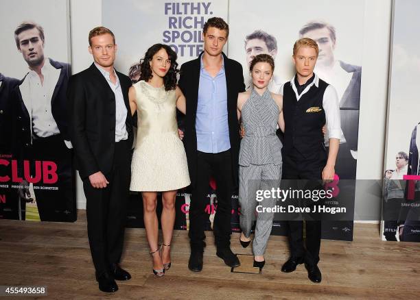 Sam Reid, Jessica Brown Findlay, Max Irons, Holliday Grainger and Freddie Fox attend a photocall for the film 'The Riot Club' at The BFI Southbank,...