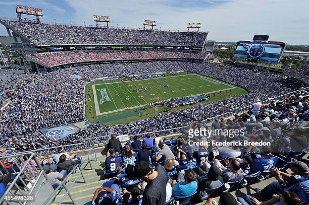 General view of the interior of LP Field during a game between the Tennessee Titans and the Dallas Cowboys on September 14, 2014 in Nashville,...
