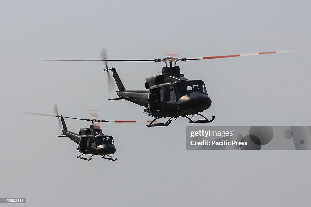 Military helicopters take part during the 8th Joint Exercise...