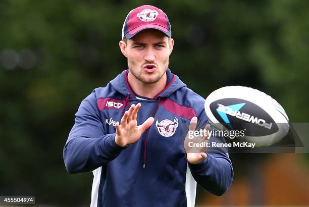Kieran Foran catches the ball during a Manly Sea Eagles NRL training session on September 16, 2014 in Sydney, Australia.