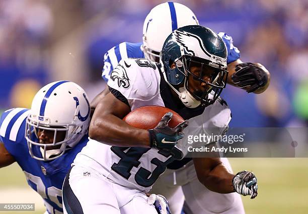 Running back Darren Sproles of the Philadelphia Eagles runs for a touchdown in the third quarter against the Indianapolis Colts during a game at...