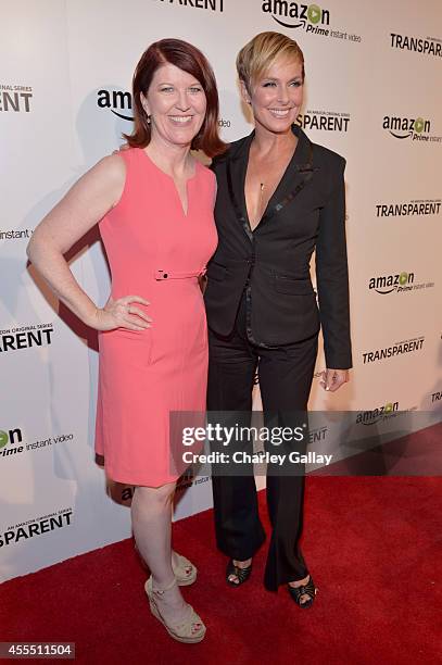 Actresses Melora Hardin and Kate Flannery attend the Amazon red carpet premiere screening for brand-new dark comedy, "Transparent," The Theatre at...
