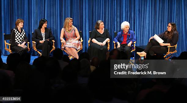 Actresses Geri Jewell, Nancy McKeon, Lisa Whelchel, Mindy Cohn, and Charlotte Rae and moderator Danielle Nussbaum speak during The Paley Center for...