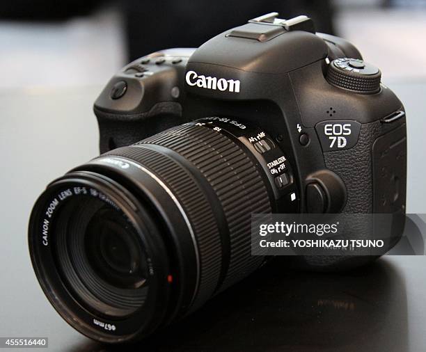 Canon's new high performance digital single lens reflex camera "EOS 7D Mark II" is displayed at the company's headquarters in Tokyo on September 16,...