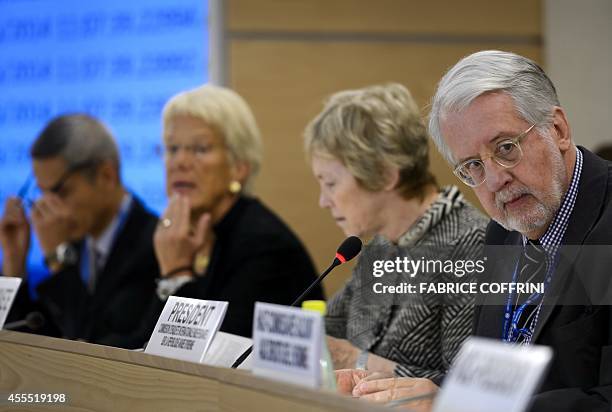 United Nations Commission of Inquiry on Syria, Vitit Muntarbhorn, Carla del Ponte, Karen Abuzayd and Chairman Paulo Sergio Pinheiro are seen during...