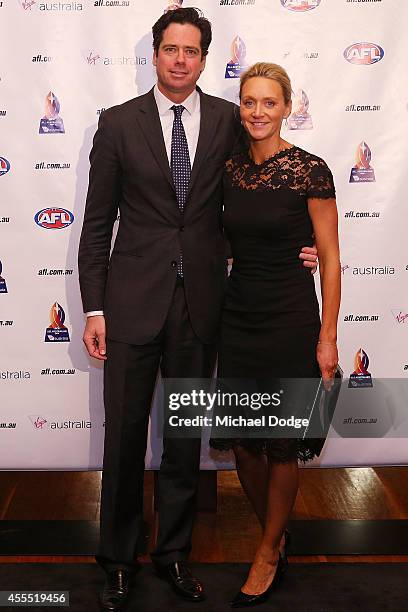 Gillon McLachlan poses with wife Laura McLachlan arrives ahead of the All Australian Team Announcement at Royal Exhibition Building on September 16,...