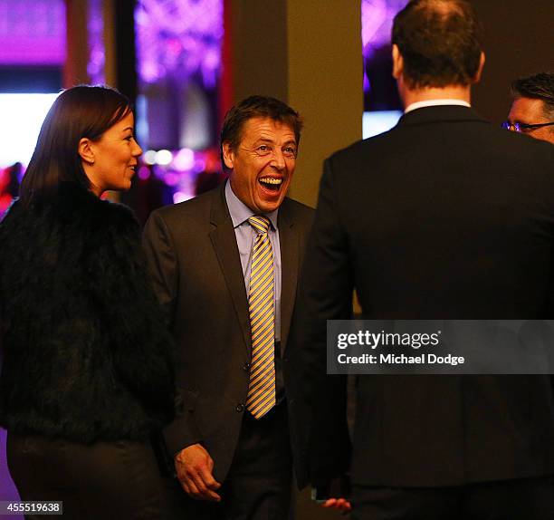 Bombers coach Mark Thompson reacts to Wayne Carey at the All Australian Team Announcement at Royal Exhibition Building on September 16, 2014 in...