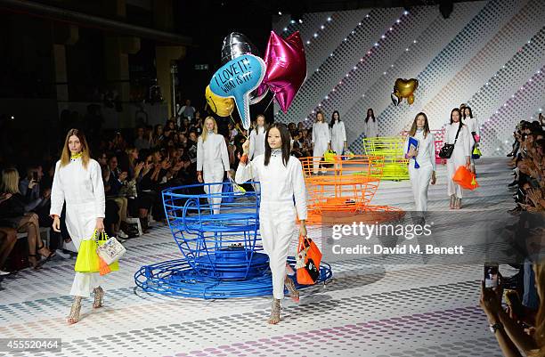 Models walk the runway at the Anya Hindmarch SS15 Presentation during London Fashion Week at Ambika P3 Gallery on September 16, 2014 in London,...