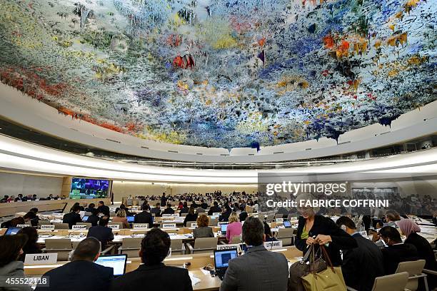 General view of the UN Human Rights Council session after the United Nations Commission of Inquiry on Syria delivered the latest report on the...