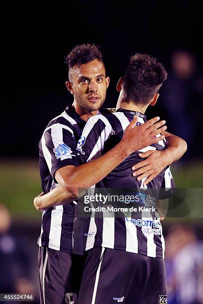 Anthony Costa of Adelaide celebrates after the FFA Cup match between Adelaide City and the Brisbane Strikers at the on September 16, 2014 in...