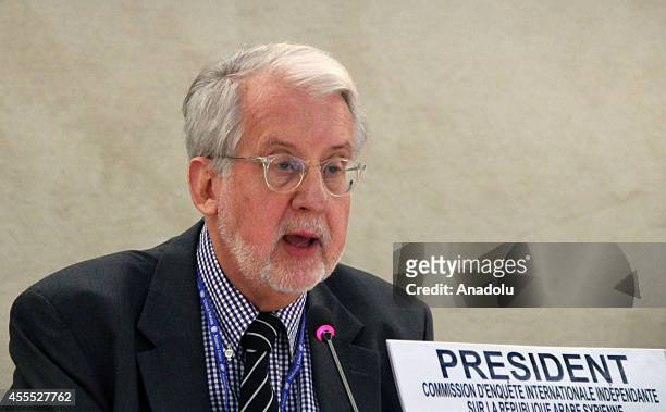 Chairman of the United Nations Commission of Inquiry on Syria, Paulo Sergio Pinheiro speaks to present the commission's latest report on the...