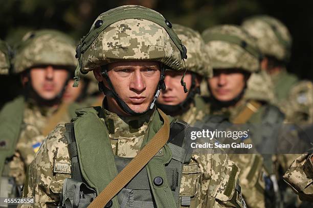 Ukrainian marines prepare to train in urban warfare techniques on the second day of the 'Rapid Trident' bilateral military exercises between the...