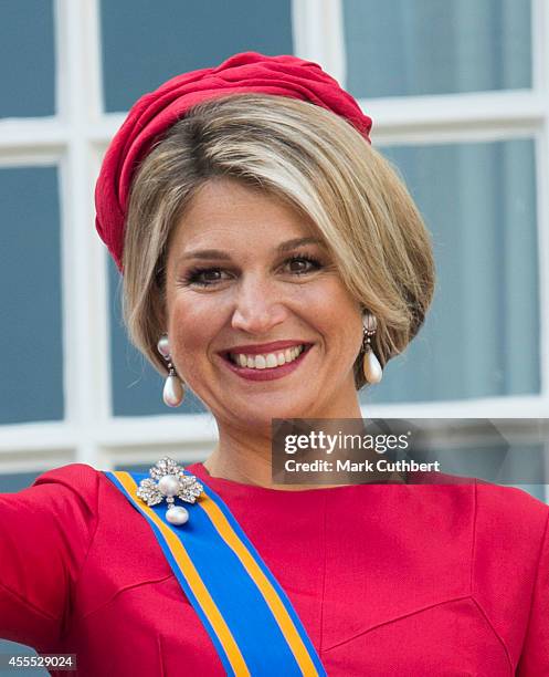 Queen Maxima of the Netherlands on the balcony of The Noordeinde Palace during Princes day celebrations on September 16, 2014 in The Hague,...