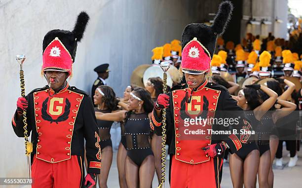 The Grambling State Tigers marching band enters the stadium before the Houston Cougars play the Grambling State Tigers on September 6, 2014 at TDECU...