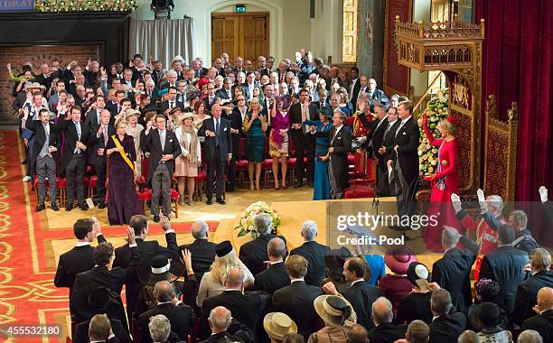 King Willem-Alexander, with Queen Maxima of the Netherlands, delivers an address to the government on budget day in the Hall of Knights, on September...