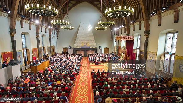 General view as King Willem-Alexander, with Queen Maxima of the Netherlands, delivers an address to the government on budget day in the Hall of...