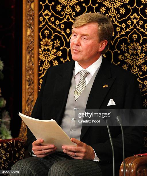 King Willem-Alexander of the Netherlands addresses the Dutch Senate and House of Representatives in the Hall of Knights, on September 16, 2014 in The...