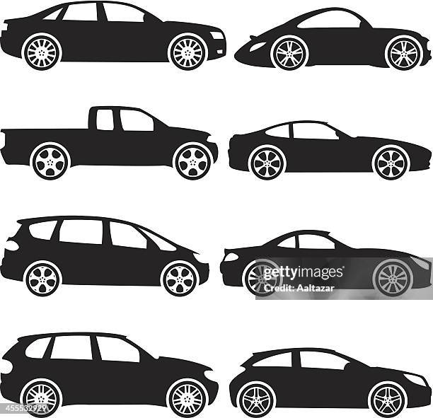 ilustrações, clipart, desenhos animados e ícones de silhuetas negras de carros - hatchback