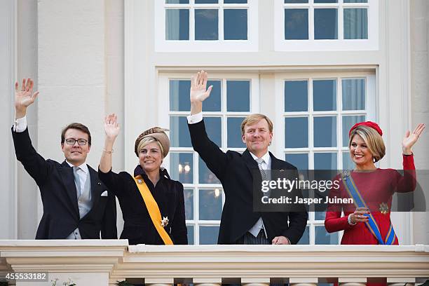 Dutch King Willem-Alexander , Queen Maxima , Prince Constantijn and Princess Laurentien of wave from the Noordeinde palace balcony on September 16,...