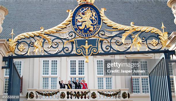 Dutch King Willem-Alexander , Queen Maxima , Prince Constantijn and Princess Laurentien of wave from the Noordeinde palace balcony on September 16,...