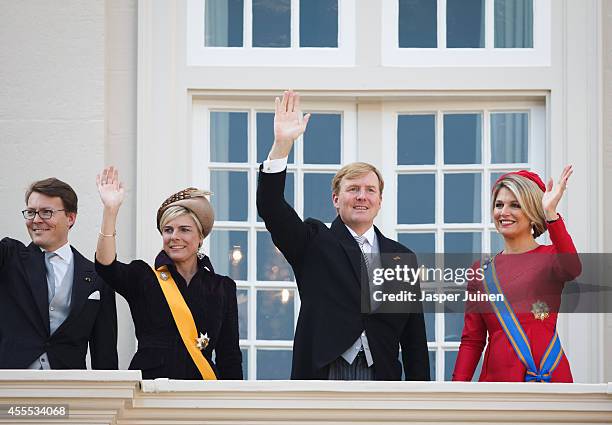 Dutch King Willem-Alexander , Queen Maxima , Prince Constantijn and Princess Laurentien of wave from the Noordeinde palace balcony on September 16,...