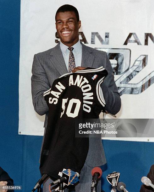 David Robinson of the San Antonio Spurs speaks with media following the 1987 NBA Draft in San Antonio, Texas. NOTE TO USER: User expressly...