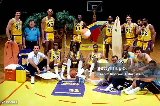 Members of the 1984 Los Angeles Lakers NBA Championship team pose for a portrait in 1984 at the Great Western Forum in Los Angeles, California. NOTE...