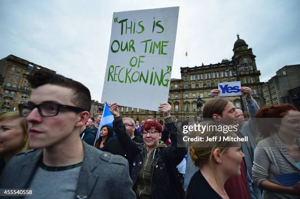 Hundreds of Yes supporters gather in George Square to show their support for the independence referendum on September 16, 2014 in Glasgow, Scotland....