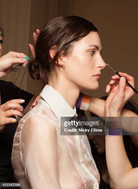 Model is seen backstage prior to the Isabel Garcia show during London Fashion Week Spring Summer 2015 at Fashion Scout Venue on September 16, 2014 in...