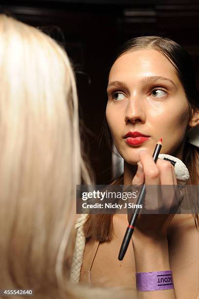 Model is seen backstage prior to the Isabel Garcia show during London Fashion Week Spring Summer 2015 at Fashion Scout Venue on September 16, 2014 in...